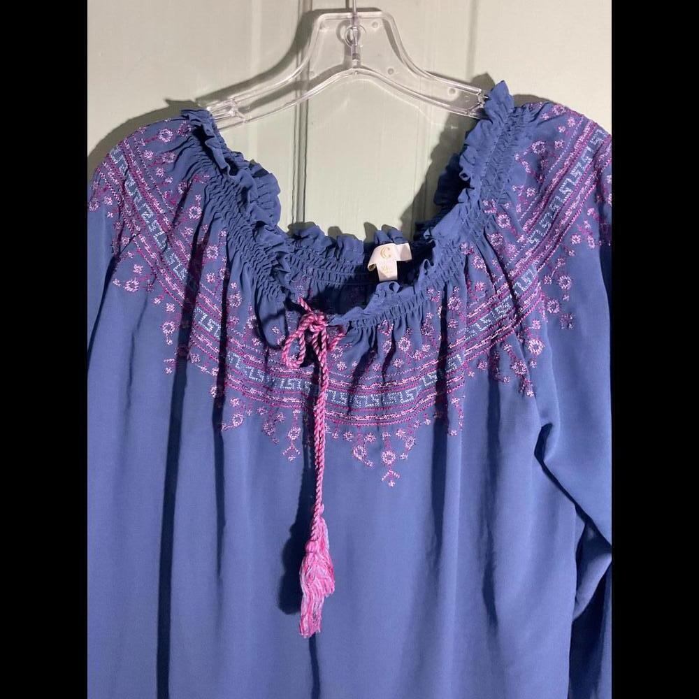 Boutique Sheer Blue  Boho Blouse with Purple Embroidery and Tassels Size XL - Picture 2 of 9